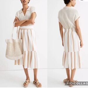 Madewell Striped White and Tan Tiered Midi Skirt